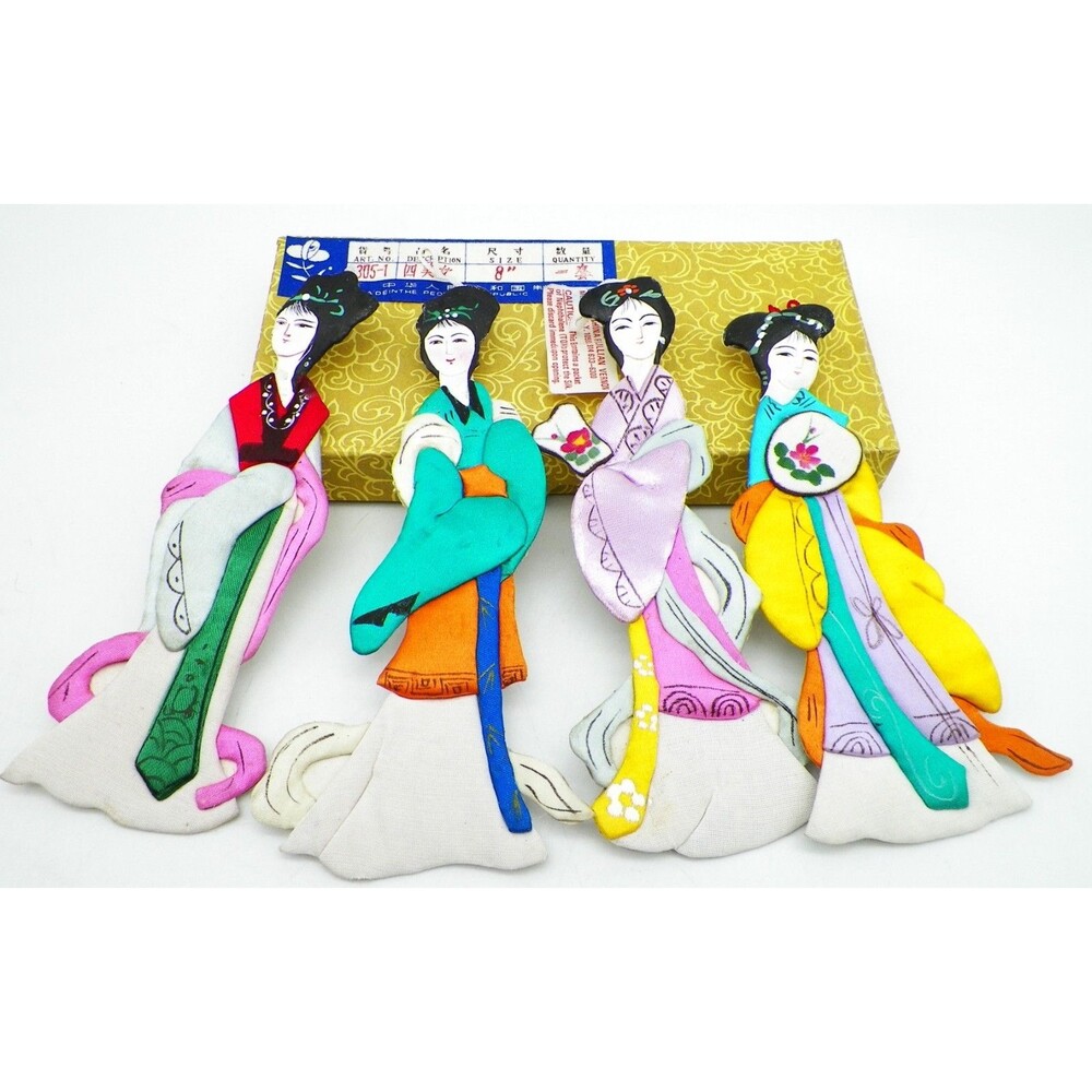Lillian Vernon Silk Chinese Ladies Ornaments 6” LV 6603 Set of 4 Original Box c